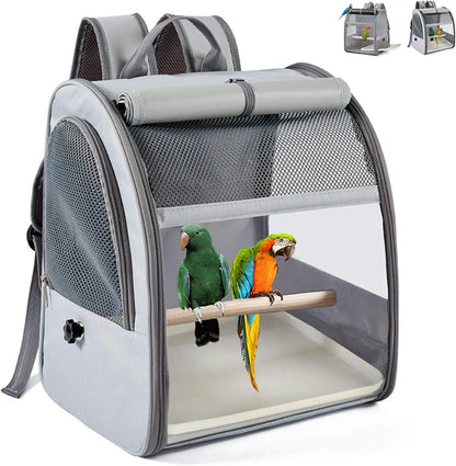 Bird Carrier Travel Cage, Airline Approved Bird Carrier Backpack with Wooden Stand Perch & Tray, Breathable Pet Travel Cag
